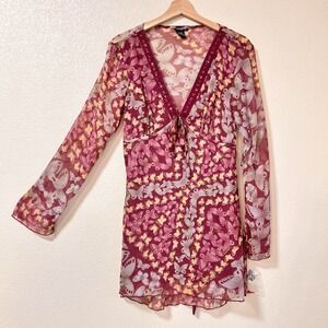 Y2K Eyeshadow Size XL Shirt Butterfly Sheer Tunic Flare Burgundy Sequin Babydoll